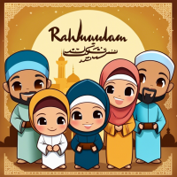 ramadhan kareem poster, malaysian chibi family, have the wording 