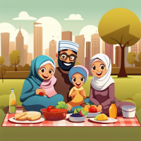 family picnic but at the city, cartoon style, muslim family